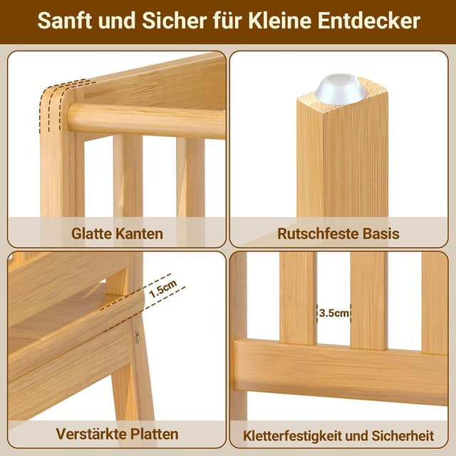 Detalle de COSYLAND Lernturm ab 1 Jahr (Montessori Learning Tower) in Naturfarbe – sicherer Kinder-Lernturm mit Geländern