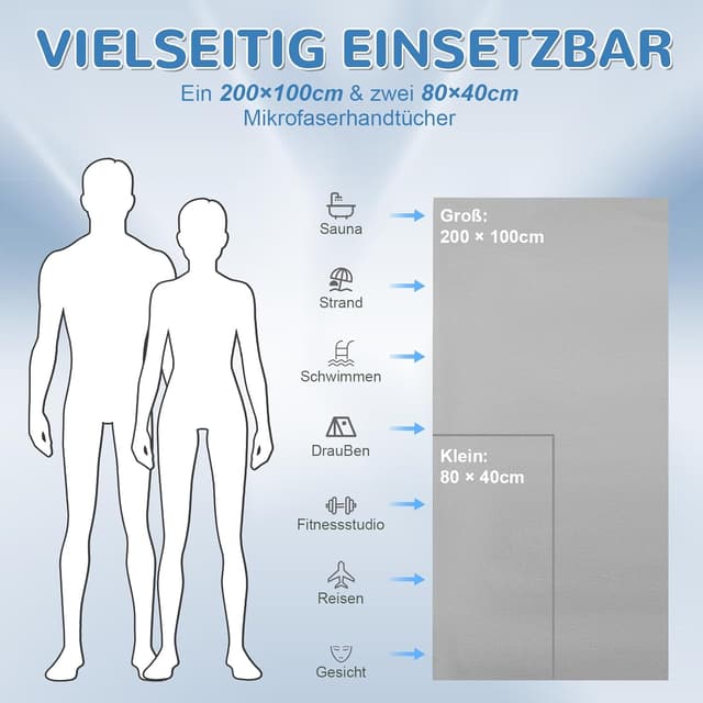 Detalle 2 de Fosdaling Mikrofaser Handtuch 3er-Set (200×100 cm + 2× 80×40 cm) – schnell trocknendes Sport- und Reisehandtuch in Hellgrau