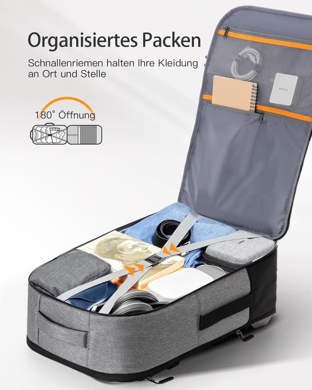 Detalle de Inateck erweiterbarer Reiserucksack 38,5–46,2 L fürs Handgepäck mit Laptopfach (bis 15,6 Zoll)