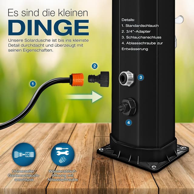 Detalle 2 de tillvex Solardusche 60 Liter inkl. Abdeckung – Warmwasser ohne Strom, mit Wasserhahn & Gartenschlauch-Anschluss