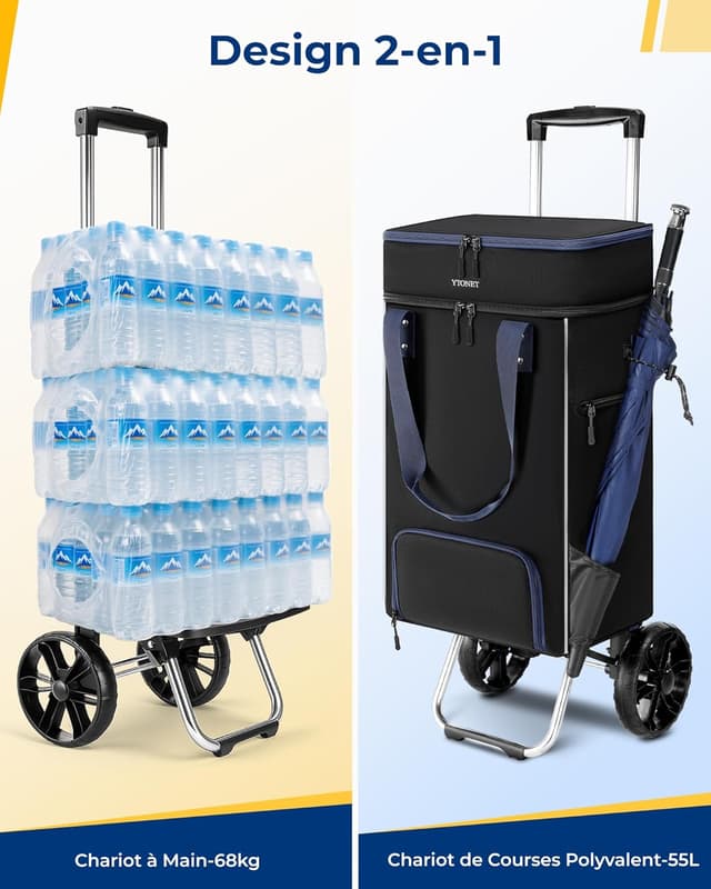Thumbnail 6 de Ytonet Chariot de courses pliable 55 L avec roulettes, sac isotherme et poche anti-vol (jusqu’à 68 kg), noir