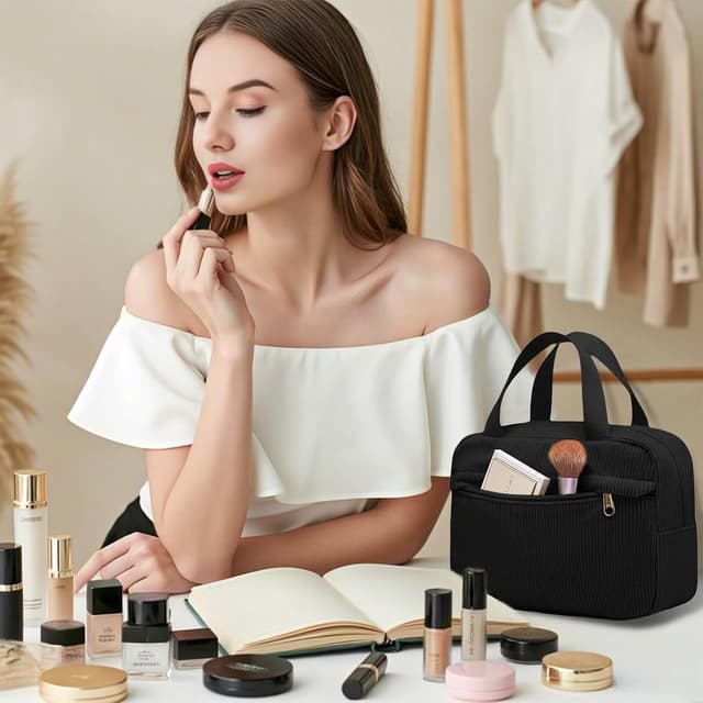 Detalle 2 de Aucuu Borsa cosmetica in velluto a coste 25x9x17 cm con doppia zip e organizer interno