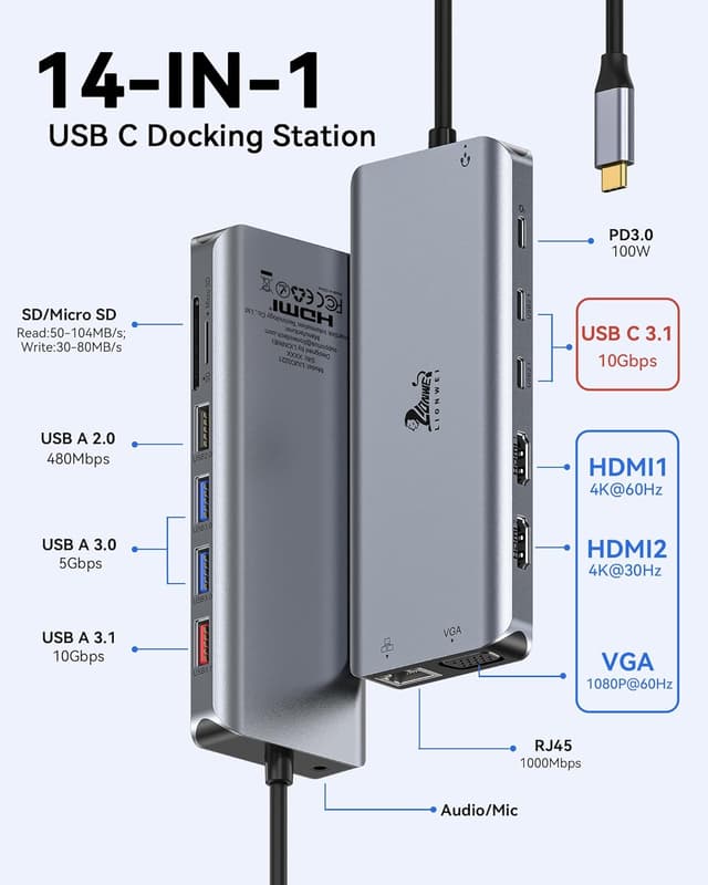 Detalle 2 de USB-C Dockingstation Dual HDMI 4K mit PD 100 W