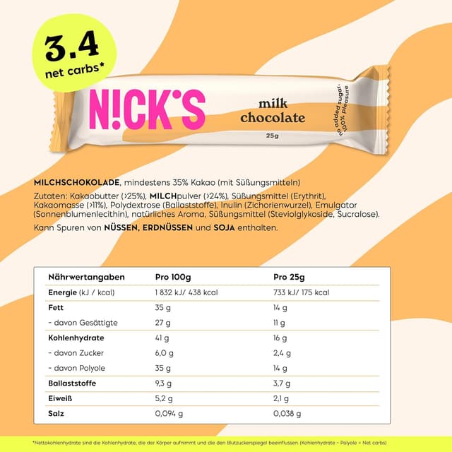 Thumbnail 6 de NICKS Milch‑Schokolade Keto Riegel 15×25g 🍫