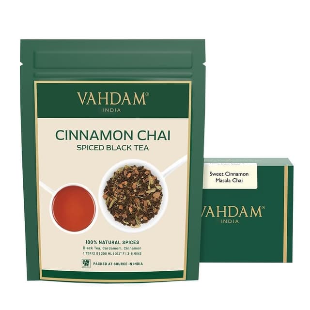 Detalle de VAHDAM Zimt Chai gewürzter schwarzer Tee (100 g) – indischer Chai mit Zimt, Kardamom & Nelken, vakuumversiegelt