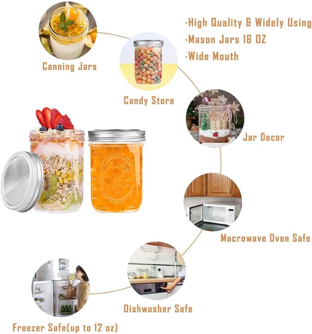 Detalle 2 de Miuyhji Wide Mouth Mason Jars 16 oz for Preserving 🫙