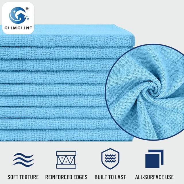 Detalle de GLIMGLINT Blue Microfiber Cleaning Cloths (14" x 12") — 150 Reusable Shop Rags for Kitchen, Bathroom, Car & TV Screens