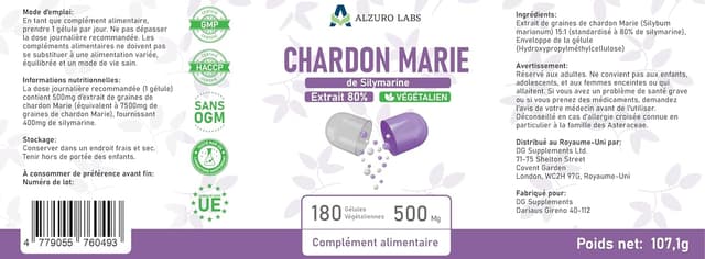 Detalle 1 de ALZURO LABS Chardon-Marie 80% silymarine (6 000 mg) – Extrait 15:1, 180 gélules végétales