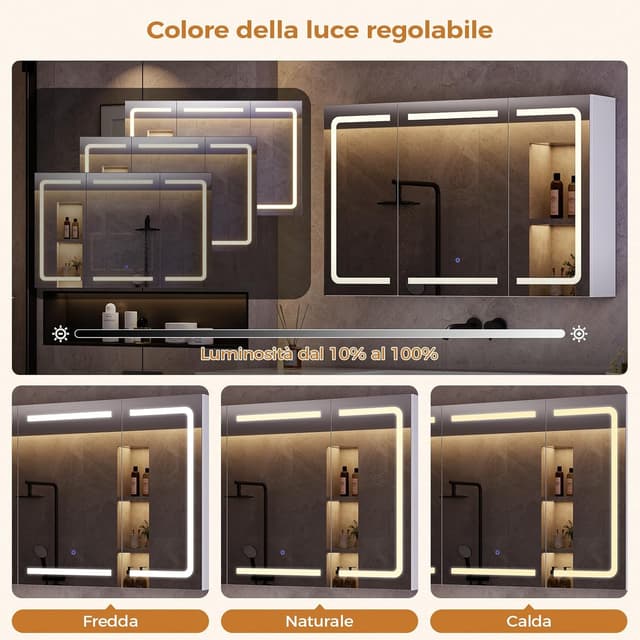 Detalle de Mojiasion Specchio Bagno con Contenitore LED, Presa Elettrica e 3 Ante 90x16x60 cm bianco