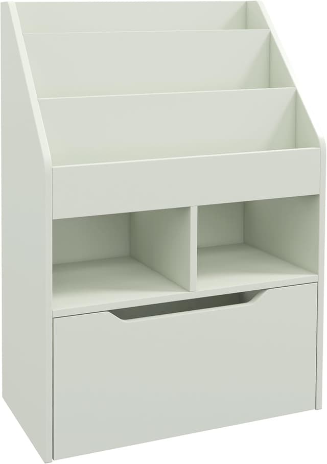 Detalle de HOMCOM Bibliothèque étagère multi-rangement en bois vert clair : 3 étagères, 2 niches et grand tiroir