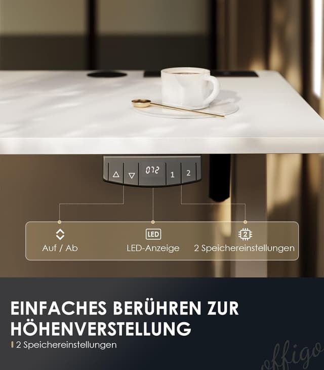 Detalle 2 de OffiGo höhenverstellbarer Schreibtisch 180x80 cm elektrisch mit USB & Steckdosen, 2-Positionen-Speicher