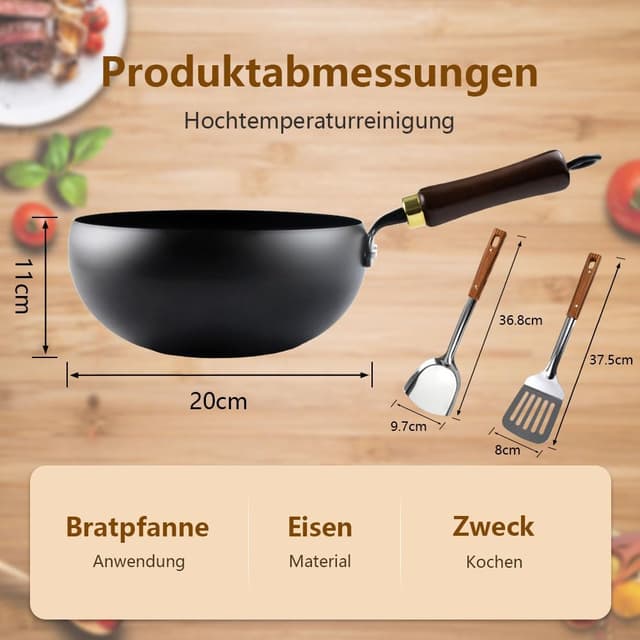 Detalle 2 de Fosoloni Japanische Eisenpfanne mit Holzdeckel-Set (Eisen, unbeschichtet, antihaftfrei)