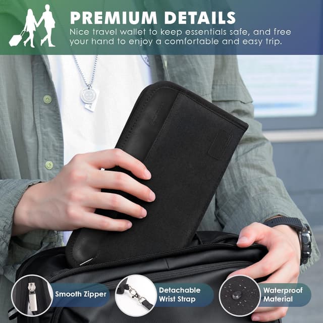 Detalle de Looxmeer Familien-Reisepass-Tasche mit RFID-Blocker und Wasserschutz, 25 × 13 × 2 cm – Reisepasshülle für Dokumente & Karten (Ganz Schwarz)