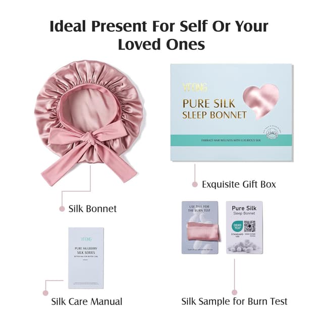 Thumbnail 6 de YFONG 100% 22 Momme Mulberry Silk Bonnet (Double Layer) — Non-Slip Sleep Cap Turban with Elastic Tie, Pink
