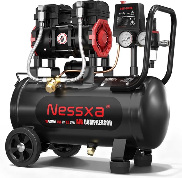 Detalle de 10 Gallon Ultra Quiet Oil-Free Air Compressor (1.65HP, 3.5 CFM @ 115 PSI, 70dB) with Two Quick Couplers