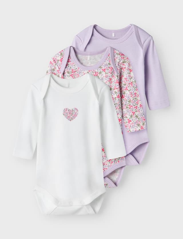 Detalle de NAME IT Nbfbody 3 pezzi con maniche lunghe lilla pastello “Petit Flower”, taglia 9 mesi