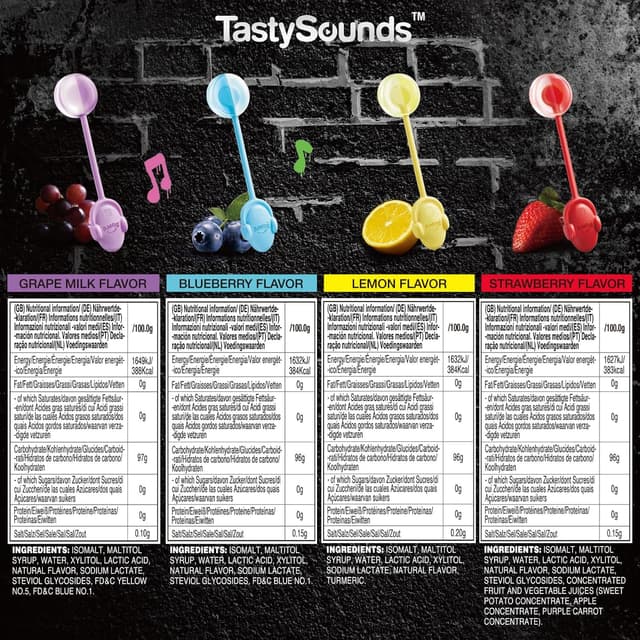 Detalle 2 de AMOS Musik-Lutscher Audio Lollipop 4er-Set (Erdbeere, Traube, Blaubeere, Zitrone) – zuckerfrei, glutenfrei, einzeln verpackt