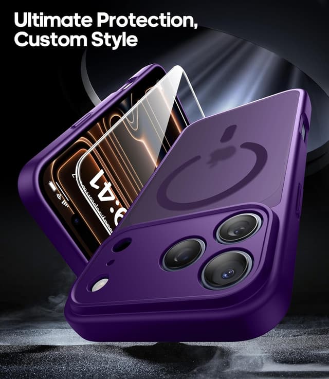 Detalle 2 de FLLAO 3 in 1 Magnetic Case for iPhone 17 Pro Max (Purple) with 2X HD Screen Protector & MagSafe support