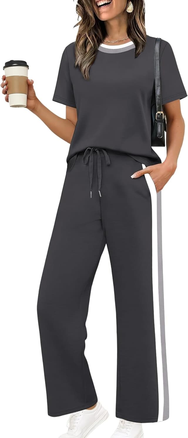 Detalle 2 de WIHOLL 2-Piece Lounge Set for Women (Short Sleeve Top + Wide-Leg Pants)