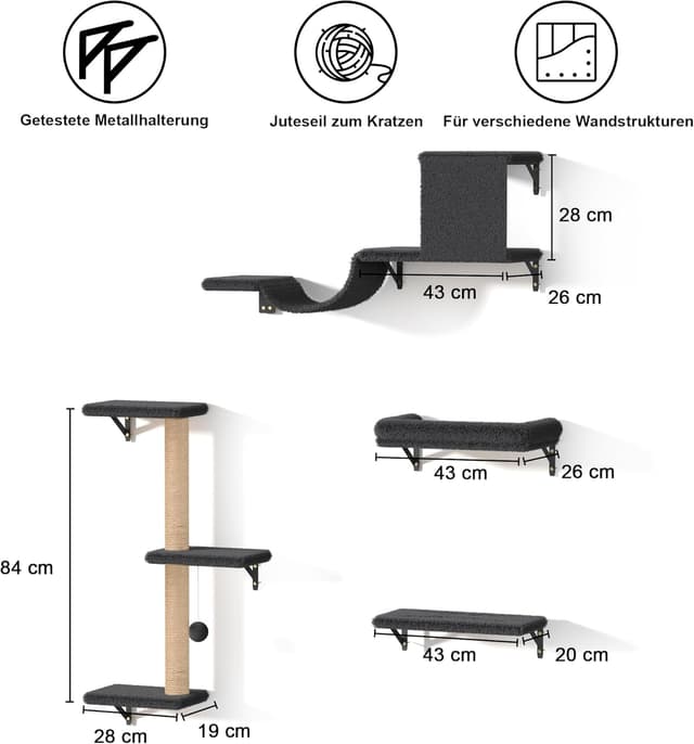 Detalle 2 de FUKUMARU Kletterwand Katzen Set (10-teilig) – Wand-Katzenmöbel mit Katzenbrücke, Katzenhaus & Hängematte bis 18 kg