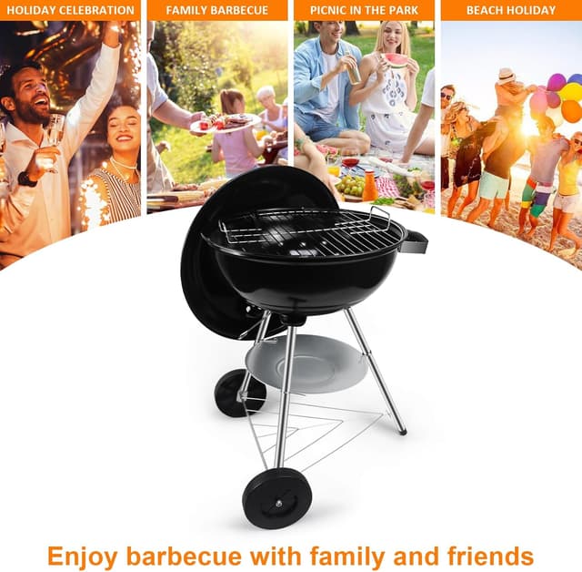 Thumbnail 6 de kisidus Kugelgrill Holzkohlegrill mit porzellanemailliertem Deckel, Dreibein & Rädern (51 x 46,5 x 78 cm)