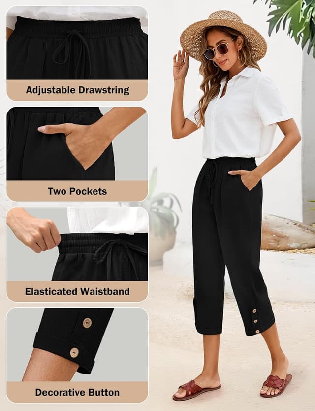 Detalle 2 de CMTOP pantalon femme d’été chic en coton – pantacourt droit 7/8 à taille élastique