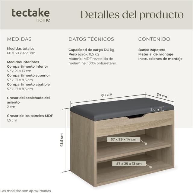 Detalle de tectake Zapatero madera con cojín extraíble 10 pares