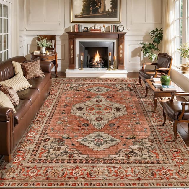 Detalle de Tangsoo Boho 6x9 Washable Area Rug with TPE Non-Slip Backing, Low Pile Terracotta Print (Oriental Vintage)