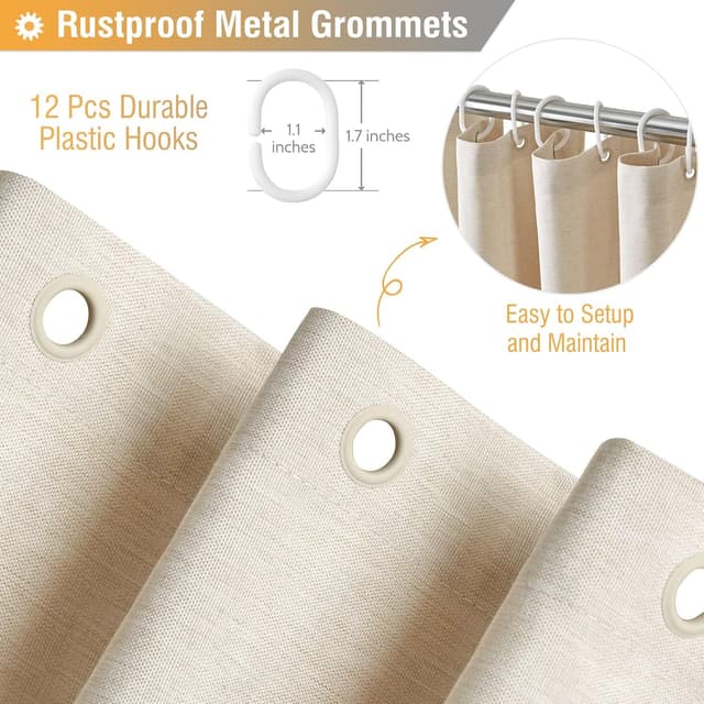 Detalle 2 de BTTN Linen-Texture Fabric Shower Curtain Set (72"x72") with 12 Plastic Hooks, Beige/Cream