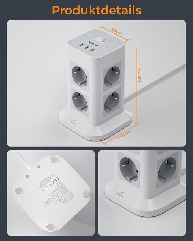 Detalle de TESSAN Mehrfachsteckdose mit 3 USB‑C und 8 AC-Steckdosen (2 m Verlängerungskabel) inkl. Überspannungsschutz – grau