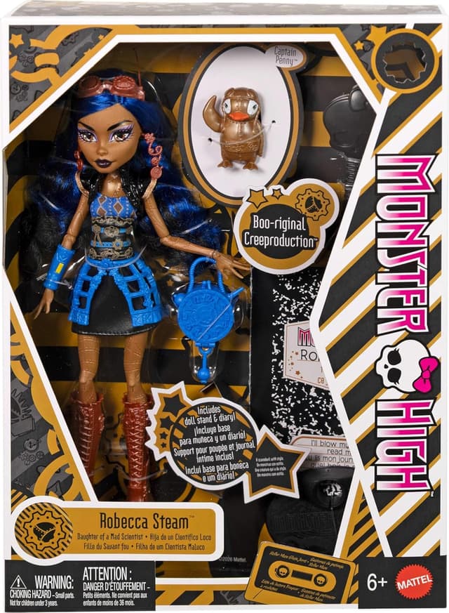 Detalle 2 de Monster High Boo-riginal Creeproduction Robecca Steam (JHK59) con peana, diario y mascota Captain Penny