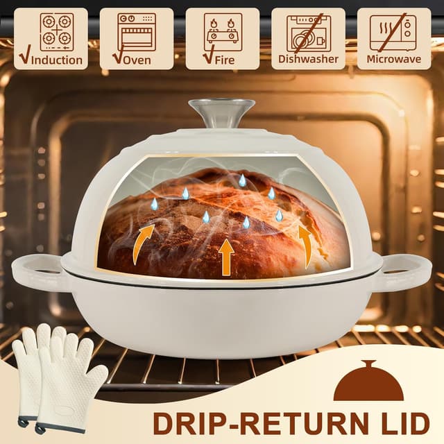 Detalle de AHJ 6QT Enameled Cast Iron Dutch Oven for Bread Baking with Proofing Basket, Gloves & Sling