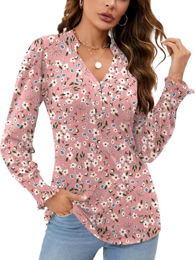 Detalle de Rapbin Women’s V-Neck Puff Long Sleeve Top with Pearl Buttons & Pleated Cuffs