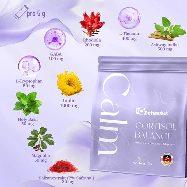 Detalle de ZehnPlus Cortisol Balance Pulver (12-in-1) mit Ashwagandha, Rhodiola & L-Theanin – zuckerfrei, vegan, 30 Portionen