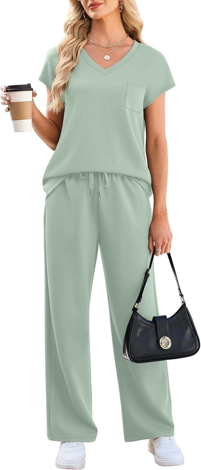 Detalle 2 de WIHOLL 2-Piece Women’s Resort Wear Set: Cap Sleeve V-Neck Top + Wide-Leg Lounge Pants with Pockets