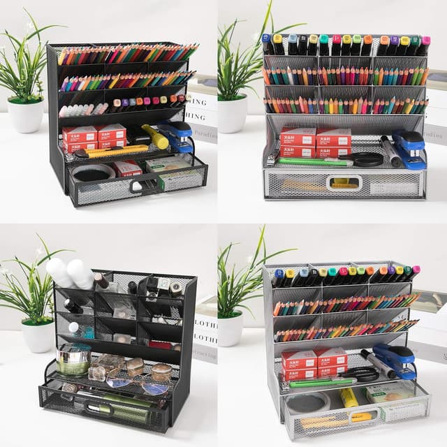 Thumbnail 6 de Vikmyer Mesh Desk Organiser with Drawer – 9-compartment pen holder for home office, school and study