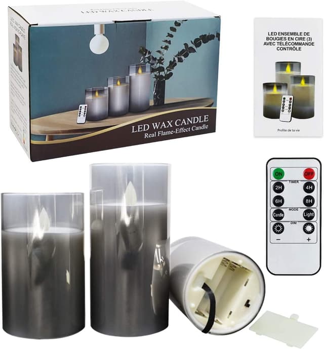 Detalle de YMing flameless LED candles set (4"/5"/6") with remote and timer – real-wax style, gold glass pillars