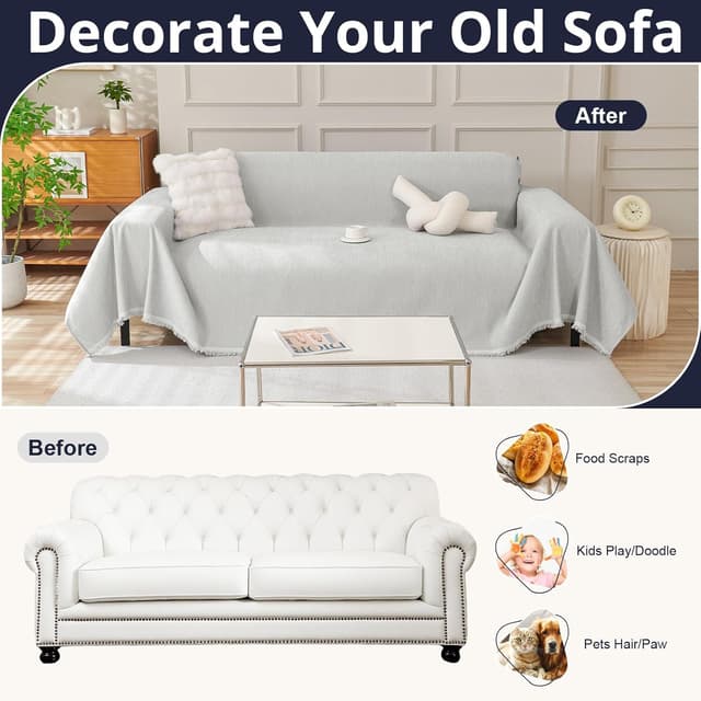 Detalle de Royhom Telo copridivano 2 posti 180x260 cm in ciniglia grigio chiaro, universale quattro stagioni