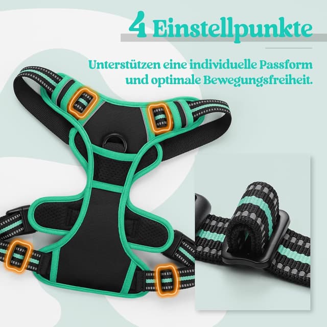 Detalle de rabbitgoo Hundegeschirr Größe XL mit Anti-Zug & Schnellverschlüssen – verstellbar, atmungsaktiv und mit Reflexstreifen (schwarz & grün)