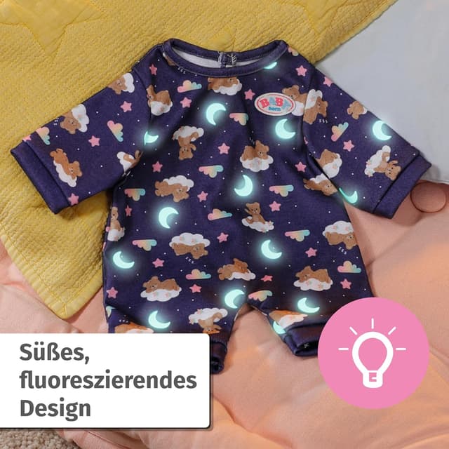 Detalle de Baby Born Teddy Schlafanzug (43 cm) – leuchtet im Dunkeln, Mond-Applikationen