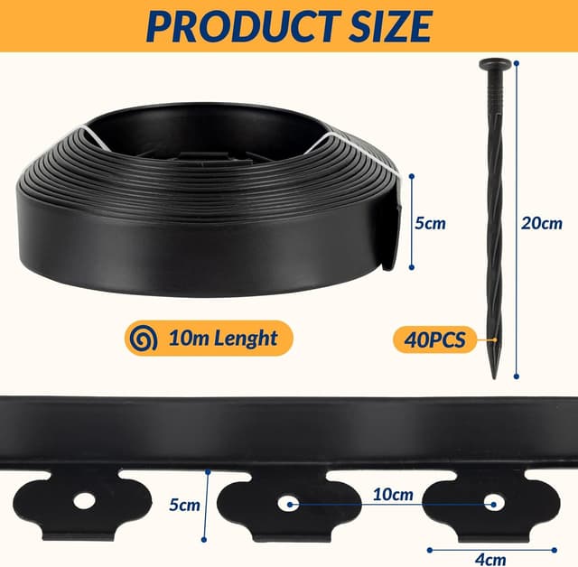 Detalle 2 de Velway Garden Edging Border 10m Flexible Plastic Lawn Edging (5cm high) with 40 Ground Anchors – Black