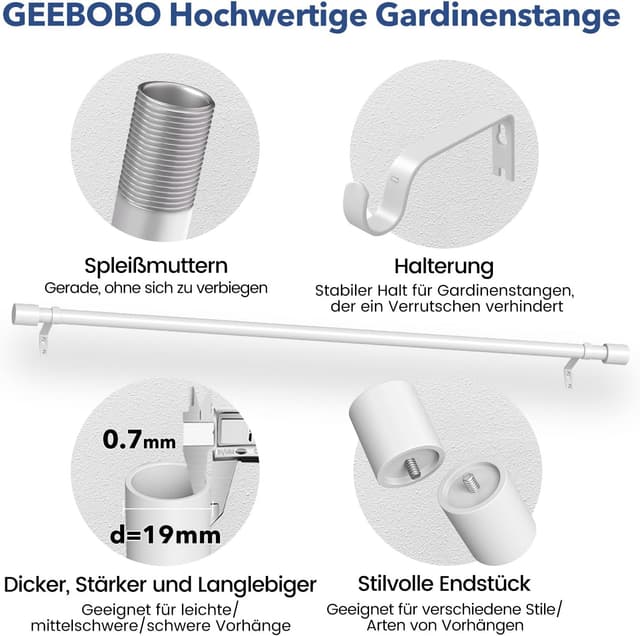 Detalle de GEEBOBO Gardinenstange Weiß verstellbar 76–380 cm, 19 mm Durchmesser (für Schlafzimmer, Wohnzimmer & Küche)