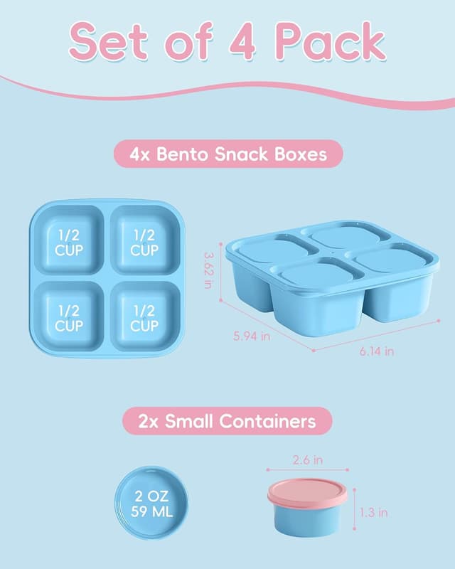 Detalle de Canfanni 4-Piece Reusable Snack Box Containers Set with 4 Compartments and 2 Sauce Containers (BPA-Free, Stackable)