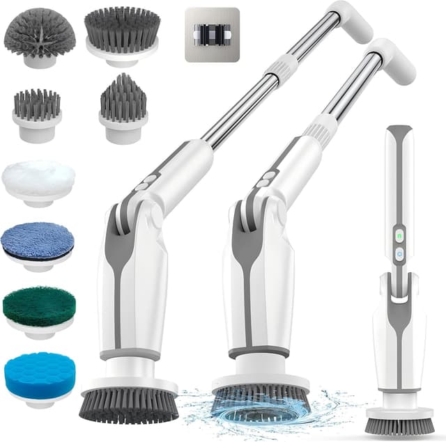 Detalle de Leebein Electric Spin Scrubber (YMG-820) with long handle, remote control and 8 replaceable brush heads