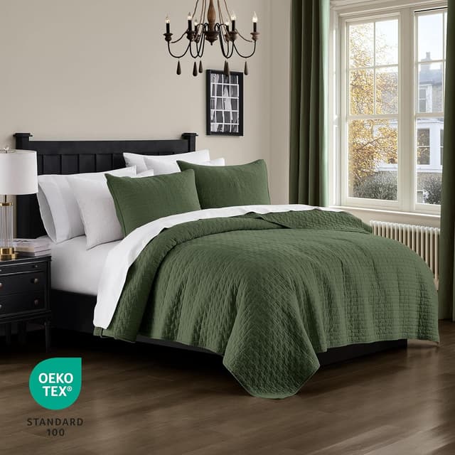 Detalle 2 de palassio Olive Green 100% Cotton Quilt California Cal King Bedding Set (3-Piece) with 2 Pillow Shams