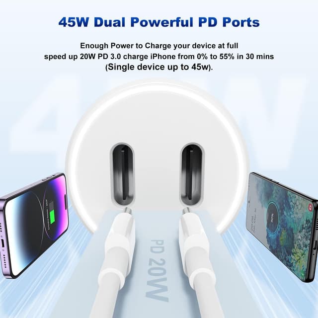 Detalle 1 de iPhone 14/13 Car Charger (Apple MFi Certified) 45W Dual-Port USB-C Adapter with 6ft USB-C to Lightning Cables