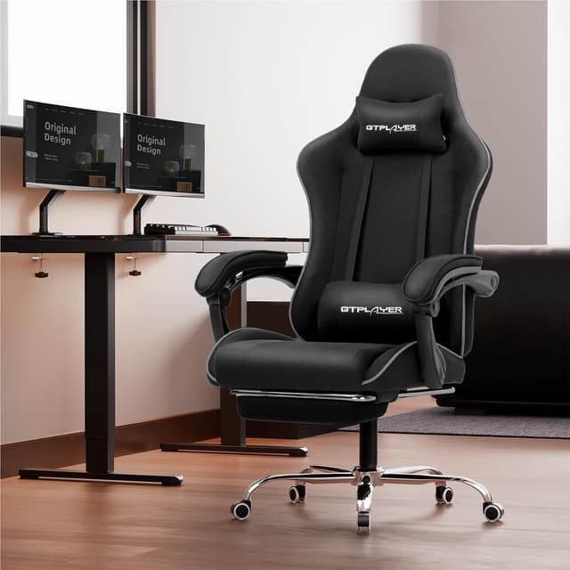 Detalle de GTPLAYER Gaming Chair with Footrest, Lumbar Support, Headrest, and Height Adjustment (Black Faux Leather)