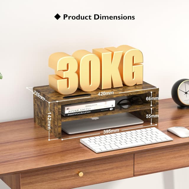 Detalle de BONTEC Wood Monitor Stand Riser with Smartphone Holder (2 tiers) – Rustic Brown