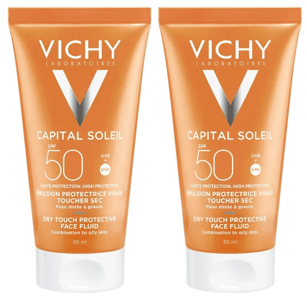 Detalle de Vichy Capital Soleil Crema Rostro Tacto Seco con color SPF50, 2x50 ml