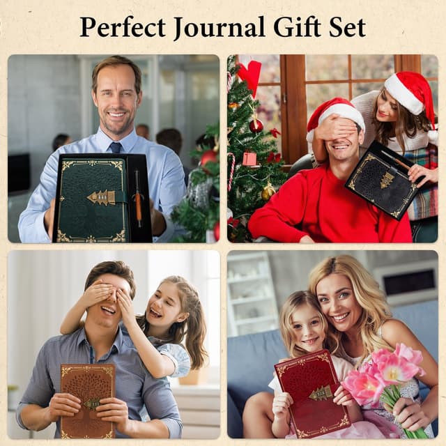 Detalle de WEMATE Tagebuch mit Schloss, A5 Hardcover (260 Seiten) inkl. Geschenkbox – nachfüllbar, Vintage-Optik in Grün